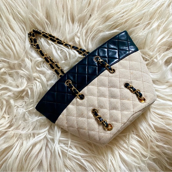 Chanel Vintage Navy Canvas Beige Mini Tote Bag - Picture 13 of 16